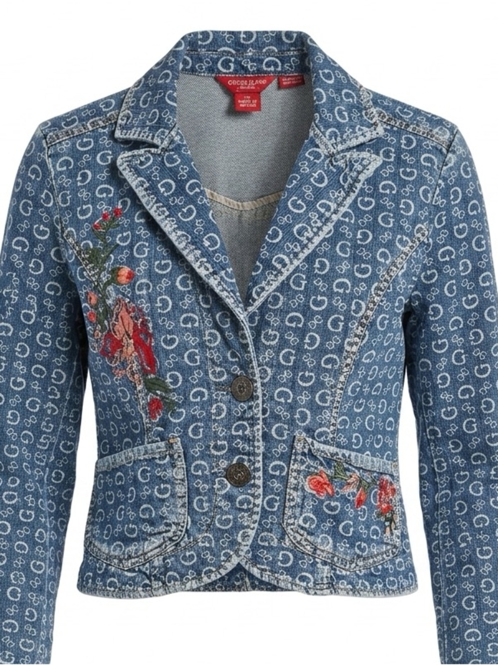 Guess Blue Denim Embroidered Jean Blazer with Red & Green Floral Accents